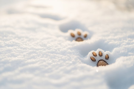 Tiny, charming footprints from a baby animal emerge in soft snow, showing intricate details and warm tones amid a tranquil winter landscape.の素材