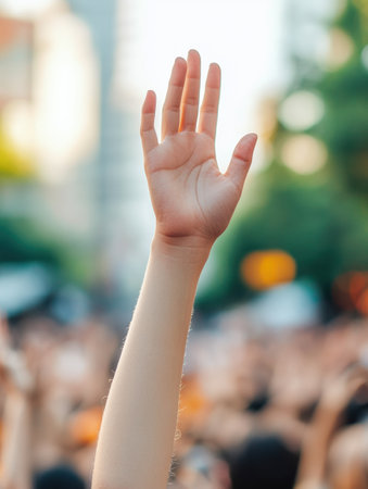 Hand raised prominently in a show of solidarity during a lively event in a bustling city, evoking energy and enthusiasm from the engaged crowd.の素材