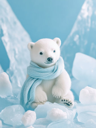 A small polar bear wearing a light blue scarf sits peacefully on a pastel ice field, surrounded by soft, fluffy snow and glistening ice shards in winter.の素材