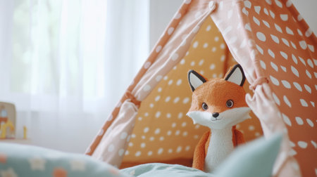 A cute little fox toy peeks from a pastel-colored tent in a cheerful playroom, embodying a playful atmosphere filled with wonder and creativity.の素材