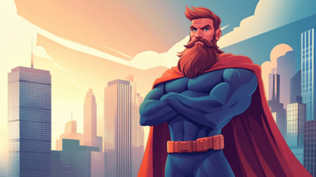 Illustrated superhero with an impressive beard and muscular build confidently poses in front of an urban skyline bathed in warm sunset hues.の素材