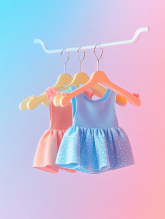 Minimal baby clothing hangers showcase tiny dresses and shirts, suspended in the air against a soft and vibrant background, creating a whimsical atmosphere.の素材