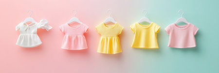 Minimal baby clothing hangers hold tiny dresses and shirts, creating a dreamy display of pastel colors that evokes a sense of joy and innocence.の素材