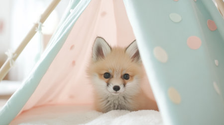 A little fox curiously peeks from a pastel tent, adding charm to a playful room filled with warmth and comfort, perfect for imagination and adventure.の素材