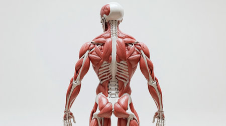 Medical skeleton illustration highlighting muscle structure with labeling on a clean white background, showing anatomy for educational purposes.の素材