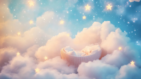 Soft clouds cradle a dreamy bed surrounded by sparkling stars, evoking a calm and serene bedtime environment perfect for restful sleep.の素材