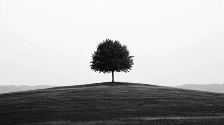 A solitary tree stands on a gentle hill, its silhouette stark against a light sky, creating a serene and minimalist nature display.の素材