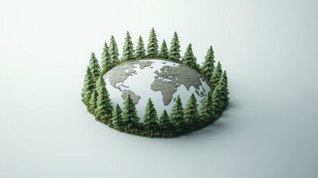 Stylish earth representation with a textured surface, encircled by vibrant miniature trees, showing a harmonious connection with nature.の素材