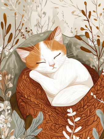 Warm afternoon tranquility unfolds as a cat dozes peacefully in a knitted blanket, accompanied by a steaming cup of tea and gentle floral surroundings.の素材