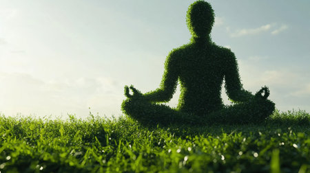 A tranquil human silhouette formed from lush green grass meditates peacefully in a natural environment under clear skies during daylight hours.の素材