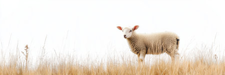A young lamb stands in a patch of short grass under a soft white background, showing its fluffy wool and curious expression in a calm setting.の素材