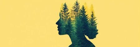 Silhouette of a human profile filled with forest imagery symbolizes a connection with nature and the importance of environmental awareness in our thoughts.の素材