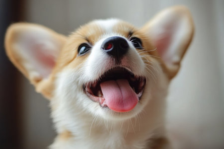 Joyful corgi puppy playfully gazes upward with tongue sticking out, surrounded by a bright white background creating a cheerful atmosphere.の素材