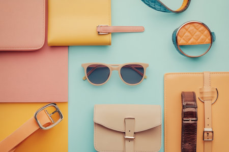 Stylish fashion accessories like sunglasses, belts, and purses arranged on a smooth gradient background highlight their coordinated colors.の素材