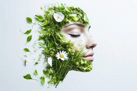 A serene human face emerges from an arrangement of leaves, petals, and grass, symbolizing harmony with nature in a vibrant display of organic artistry.の素材