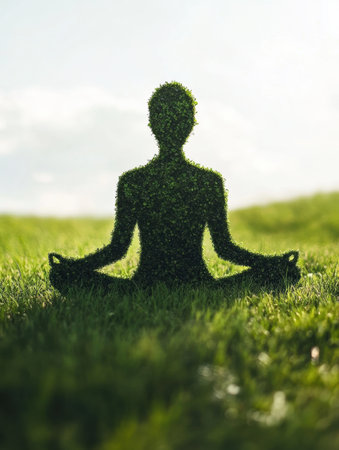 A human silhouette made of lush green grass sits in a peaceful meditation pose, harmonizing with the serene natural environment beneath a clear sky.の素材
