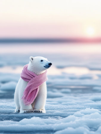 A small polar bear adorned with a pink scarf stands calmly on a pastel ice field, surrounded by a tranquil winter atmosphere during sunrise.の素材