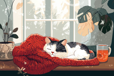 A warm and inviting indoor setting features a sleepy cat nestled on a knitted blanket, next to a cup of tea and lush greenery, perfect for relaxation.の素材