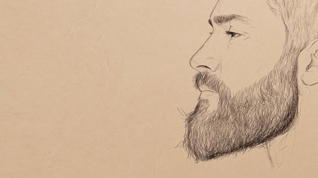 A minimal one-line illustration of a beard on a textured craft paper background captures artistic flair, reflecting simplicity and masculinity in design.の素材