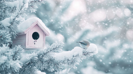 A charming pink birdhouse sits among soft snowy pines, with delicate snowflakes falling, evoking a magical winter fairytale setting in a serene landscape.の素材