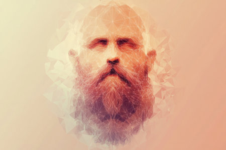 Intricate low-poly beard design rendered in 3D style against a soft gradient background, highlighting the unique blending of shapes and colors.の素材