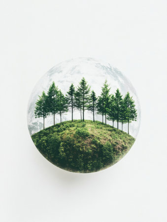 Minimal earth design featuring a simple outline adorned with small trees along its edge, creating a serene and eco-friendly aesthetic.の素材