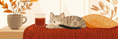 A sleepy cat lays on a knitted blanket while a warm cup of tea rests nearby, creating a cozy atmosphere perfect for relaxation in the afternoon light.の素材