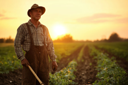 A dedicated farmer stands in a field during sunset, holding a hoe and wearing dirt-streaked clothes, embodying the essence of rural life and hard work.の素材