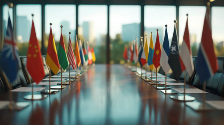 A negotiation table adorned with mini flags from various countries symbolizes diplomacy and international discourse in a modern setting.の素材