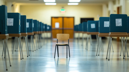 Calm environment in a voting room showcases empty booths and posted instructions, highlighting the anticipation before the election begins.の素材