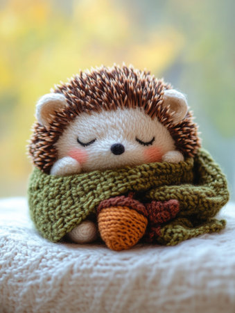A small hedgehog sleeps peacefully with an acorn pillow and a warm scarf on a soft surface, surrounded by autumn colors and tranquility.の素材