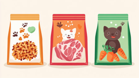 Colorful pet food packaging showcases raw meat, nutritious carrots, and grains along with cheerful pet icons, creating an inviting appearance.の素材