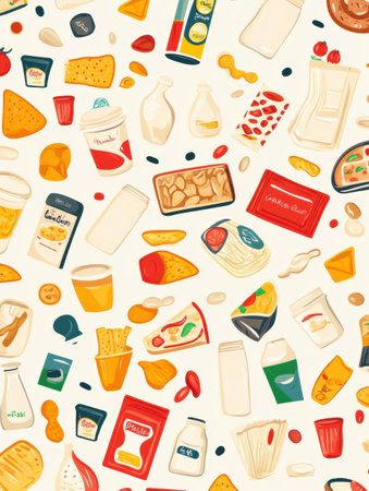 A vibrant collection of food product stickers showcasing various items like milk cartons, chips, and cereal boxes arranged on a light backdrop.の素材