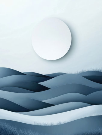 Soft pastel colors blend in a serene landscape featuring a large moon above rolling hill silhouettes, creating a tranquil and meditative atmosphere.の素材