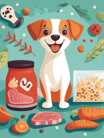 Illustration showcases pet food packaging with raw meat, fresh carrots, and grains alongside a joyful dog, all in a vibrant, playful style.の素材