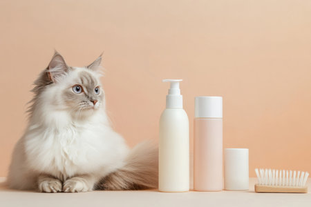 Soft pastel background showcases cat grooming products including lotion bottles, fur brush, and a relaxed cat, perfect for stylish pet care arrangements.の素材