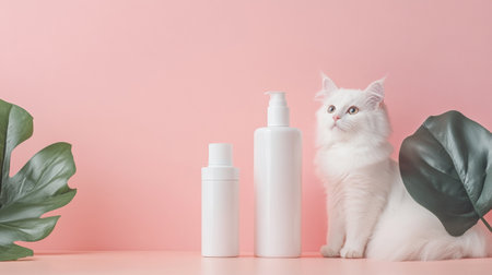 Gentle cat grooming products sit elegantly against a pastel background with a white cat looking thoughtfully at the items while surrounded by greenery.の素材
