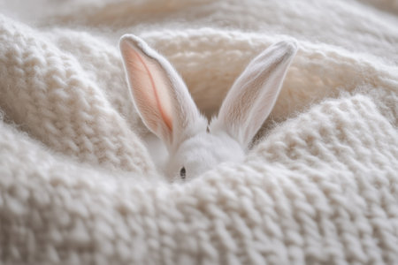 Pastel bunny ears are nestled among a soft woolen blanket, creating a serene, cozy atmosphere in a minimalistic setting during a peaceful afternoon.の素材