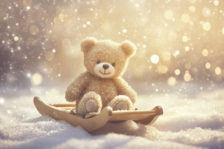 A cheerful bear on a wooden sled glides through a snowy wonderland, surrounded by sparkling snowflakes, embodying the festive spirit of winter joy.の素材