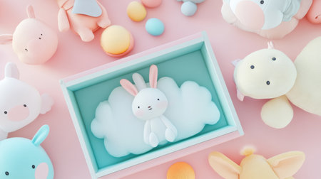 An open pastel drawer reveals fun animal toys and a soft cloud pillow, adding a playful touch to a joyful childrens space.の素材
