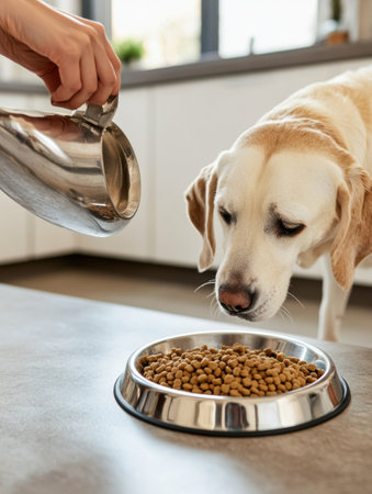 Owner pours kibble into a stainless steel pet bowl in a clean, cozy kitchen while a dog eagerly anticipates mealtime nearby.の素材
