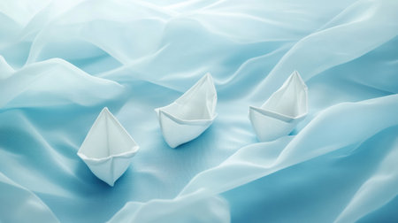 Paper boats gracefully sailed on a tranquil pale blue fabric sea, evoking a sense of calm and simplicity in a minimalistic setting.の素材