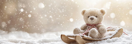 A cheerful bear sits on a sled gliding through soft snow, surrounded by sparkling flakes in a joyful holiday atmosphere, evoking warmth and delight.の素材