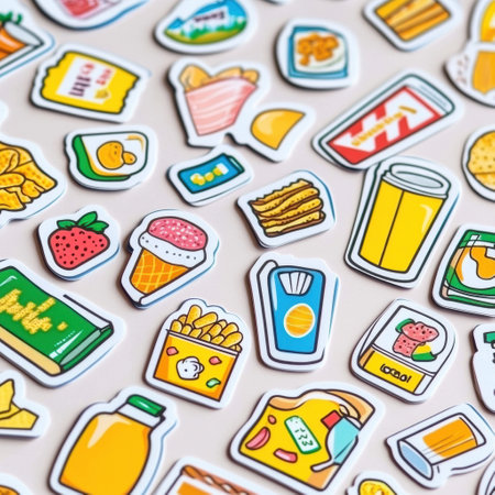 Brightly colored food product stickers range from milk cartons to snack items, arranged creatively on a light background for an engaging visual display.の素材