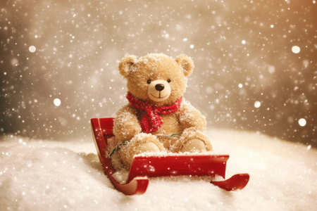 A cheerful bear sits on a bright red sled, amidst soft white snow, celebrating the joy of the holiday season with sparkling snowflakes drifting around.の素材