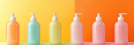 Colorful pet shampoo bottles are displayed on a bright background showing modern, clean labels designed for effective branding opportunities.の素材