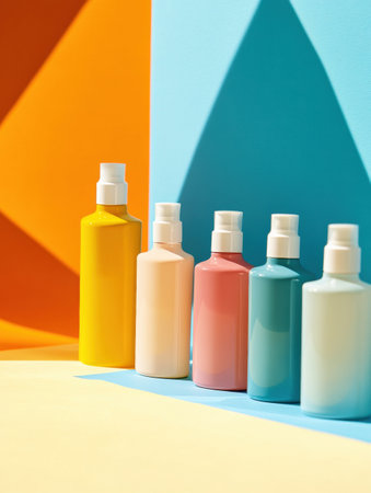 Vibrant pet shampoo bottles in varying colors are neatly arranged against a bright backdrop, showcasing clean labels that emphasize modern design and branding.の素材