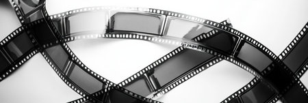 Black and white film strip reveals scattered frames, celebrating the nostalgia of retro photography and capturing fleeting moments in an artistic manner.の素材