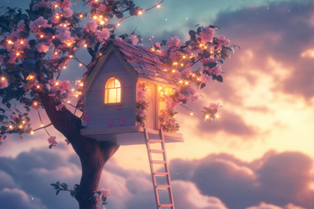 A charming pastel treehouse adorned with flowers and twinkling lights rests among fluffy clouds, inviting exploration as dusk settles in.の素材