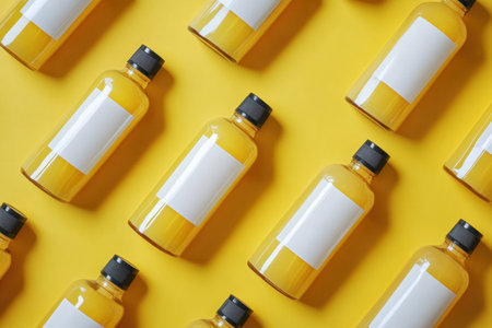 Colorful pet shampoo bottles are neatly arranged on a bright yellow background, showcasing modern packaging and branding space.の素材